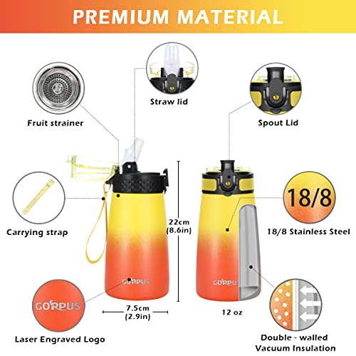 GOPPUS 12 oz Kids Water Bottle with Straw Lid & Spout Lid Vacuum Insulated Stainless Steel Cup Double Wall Kids Metal Water Bottles For School Boys Girls (Pink Rainbow 2 Lids)