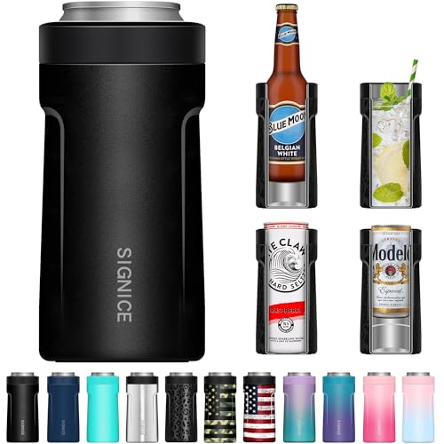 3 In 1 Insulated Universal Can Cooler - Signice Double Walled Vacuum Insulator Stainless Steel Slim Can Cooler for 12 Oz Skinny Tall Standard Regular Can Beer Bottle (Matte Black)