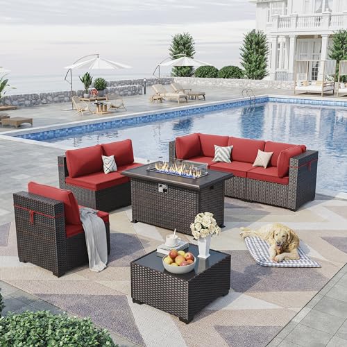 12 Piece Outdoor Patio Furniture Set,All-weather PE Wicker Rattan Outdoor Sectional Sofa with 4-inch Cushions,Patio Conversation Sets with Glass Coffee Table,Red