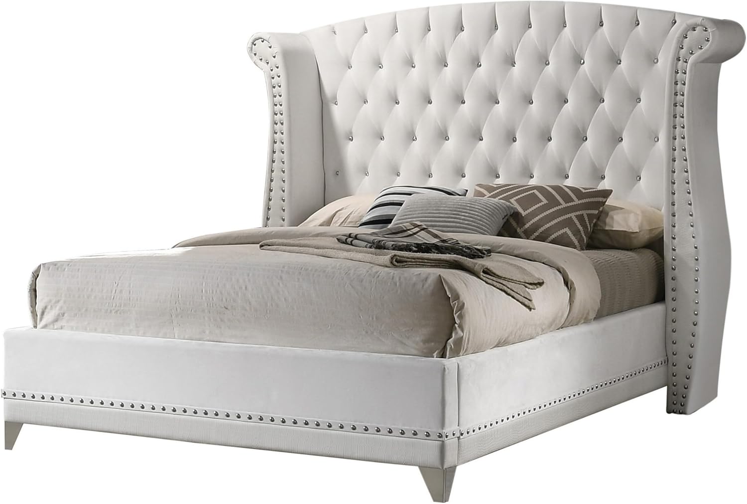 Benjara BM302873 Velvet Upholstery Crystal Button Tufting Dini Wingback Queen Size Bed Chrome White & Silver