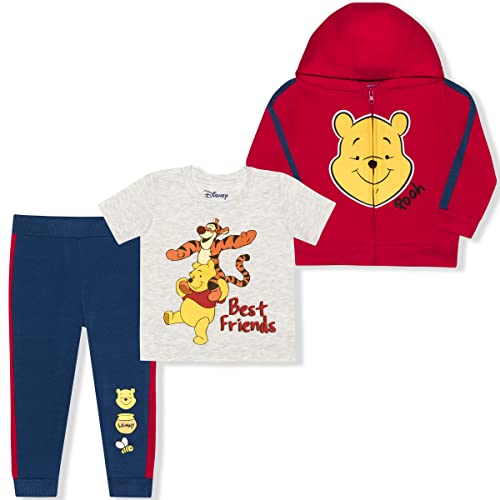 DISNEY Winnie The Pooh Baby Boy 3 Piece T-Shirt, Zip Up Hoodie and Jogger Pant for Infant and Toddler - Red