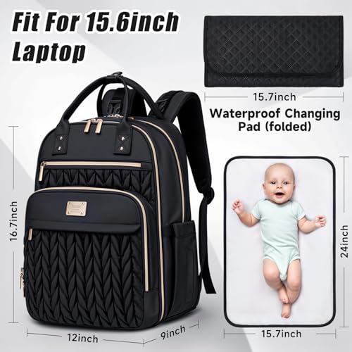 Diaper Bag Backpack, Stylish Baby Diaper Bag, Waterproof Travel Diaper Backpack with Changing Pad, Stroller Straps (Black)