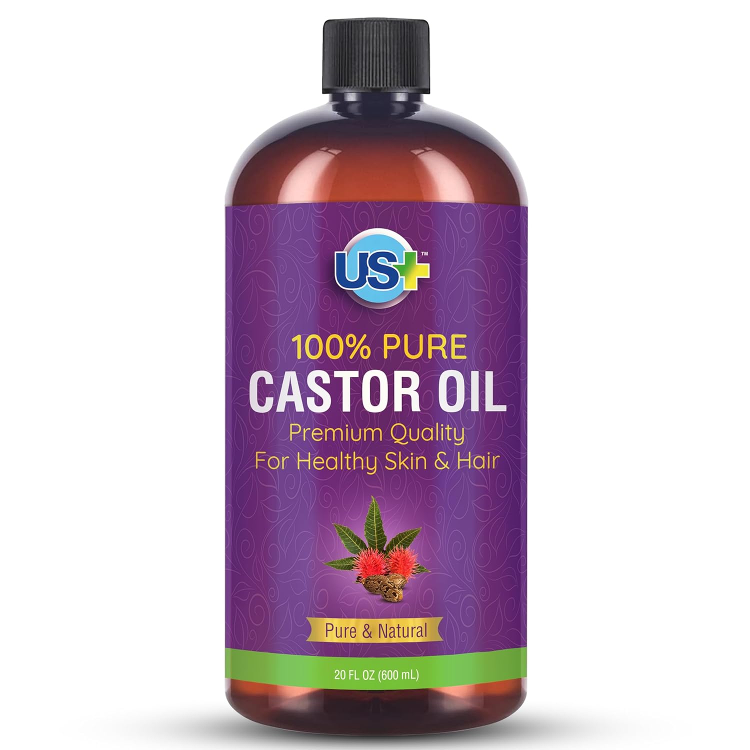 20oz 100% Pure Castor Oil - Cold-pressed, Unrefined, Hexane-free - BPA Free Plastic Bottle - USP Grade - Premium Quality for Healthy Skin & Hair
