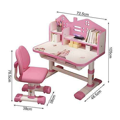 Kids Study Desk and Chair Set Children Desk, Height Adjustable Children's Desk and Chair School Study Table Chair with Drawer Shelf Desk for Bedroom Classroom with Cartoon Pattern (Pink)
