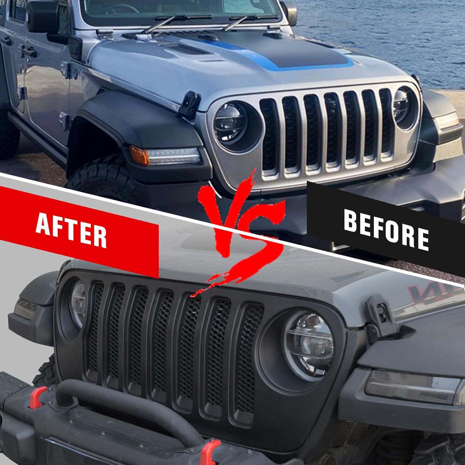 Front Grille Grid Grill W/Mesh Compatible with Wrangler JL & Gladiator JT 2018-2023 Accessories, OEM Style Matte Black (Paint-able)