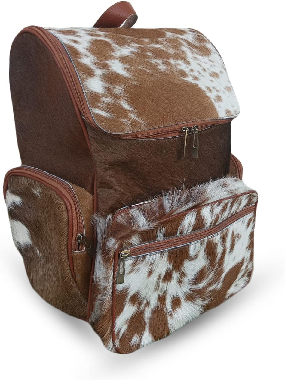 Real Cowhide Backpack Bag Cowhide Diaper Bag Travel Daypack Bag Hold all Backpack Multi Pockets | Brown and White Backpack Bag