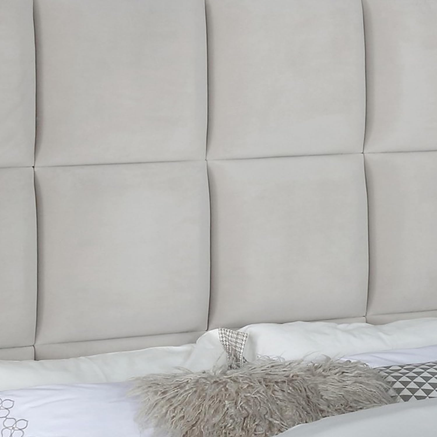 Benjara Xee Queen Panel Bed with 3D Grid Tufted Headboard, Velvet Upholstery, Beige and Black