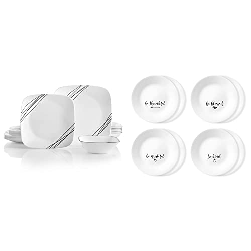 Corelle Vitrelle 18-Piece Service for 6 Dinnerware Set, Timber Shadows & Vitrelle 1-Qt Serving Bowl 2-Pack, Large Serving Bowl, Triple Layer Glass, White