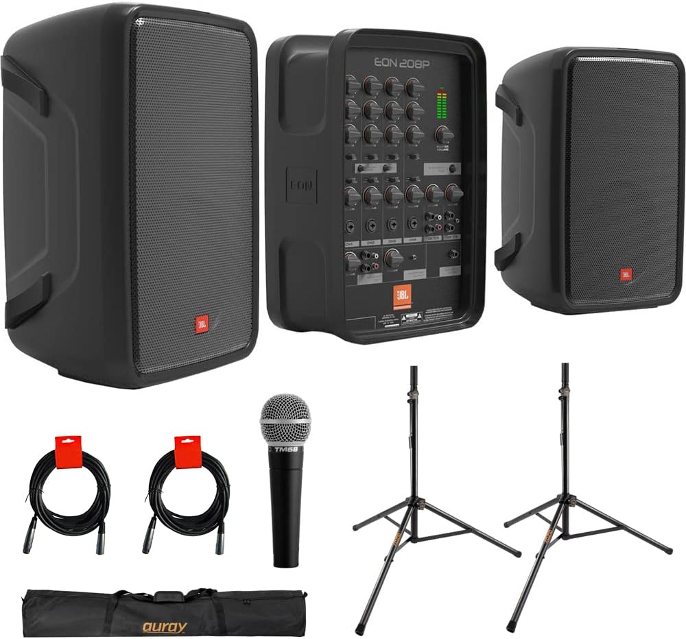 JBL Professional EON208P Portable All-in-One 2-Way PA System (8-Channel Mixer and Bluetooth) Bundle with Auray SS-47S-PB Speaker Stands and Carrying Case, Vocal Microphone, and 2X XLR-XLR Cables