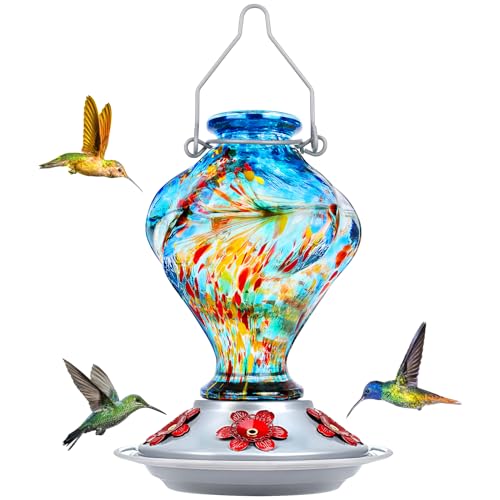BOLITE Hummingbird Feeders, Glass Hummingbird Feeders for outdoors Hanging, Hand Blown Twisted with 5 Feeding Ports & Perch, 24 Ounces, Leak Proof, Blue