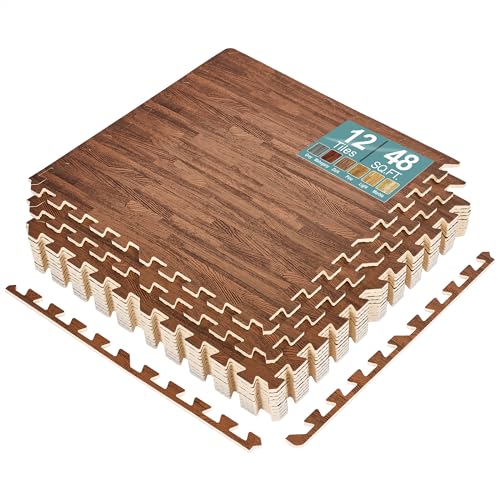 Sorbus 48Sq. Ft. Wood Grain Floor Tiles Foam Mat EVA Interlocking Mats Tile 3/8-Inch Thick Flooring Wood Puzzle Exercise Mats w/Borders - Home Playroom Basement, Apartment, Trade Show, Baby, Dance