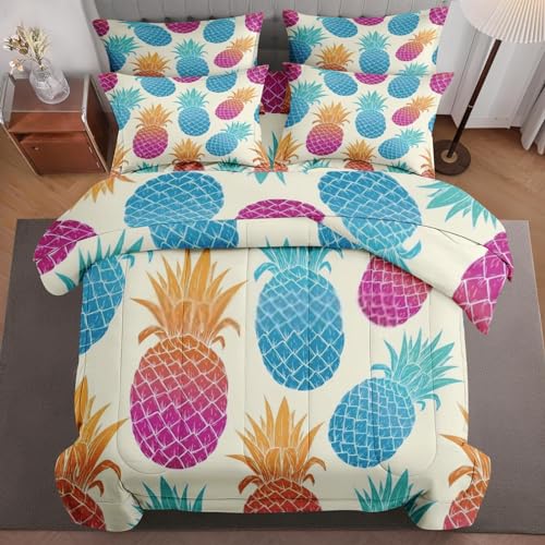 5 Pcs Comforter Set Twin Size, Green Orange Pink Bed in a Bag with Flat Sheet and Fitted Sheet for Kids and Adults, Colorful Dye Turquoise Bedding Set with Pillowcase & Sham