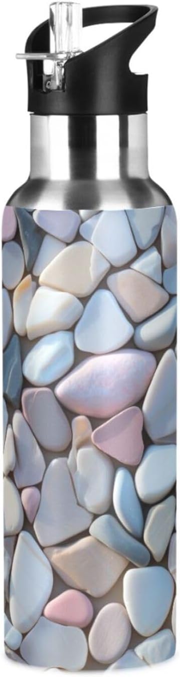 ZOEO Stones Pink Water Bottles Kids Insulated Thermos Stainless Steel Bottle with Straw Lid Flask Leakproof for Sports Gym 20 oz