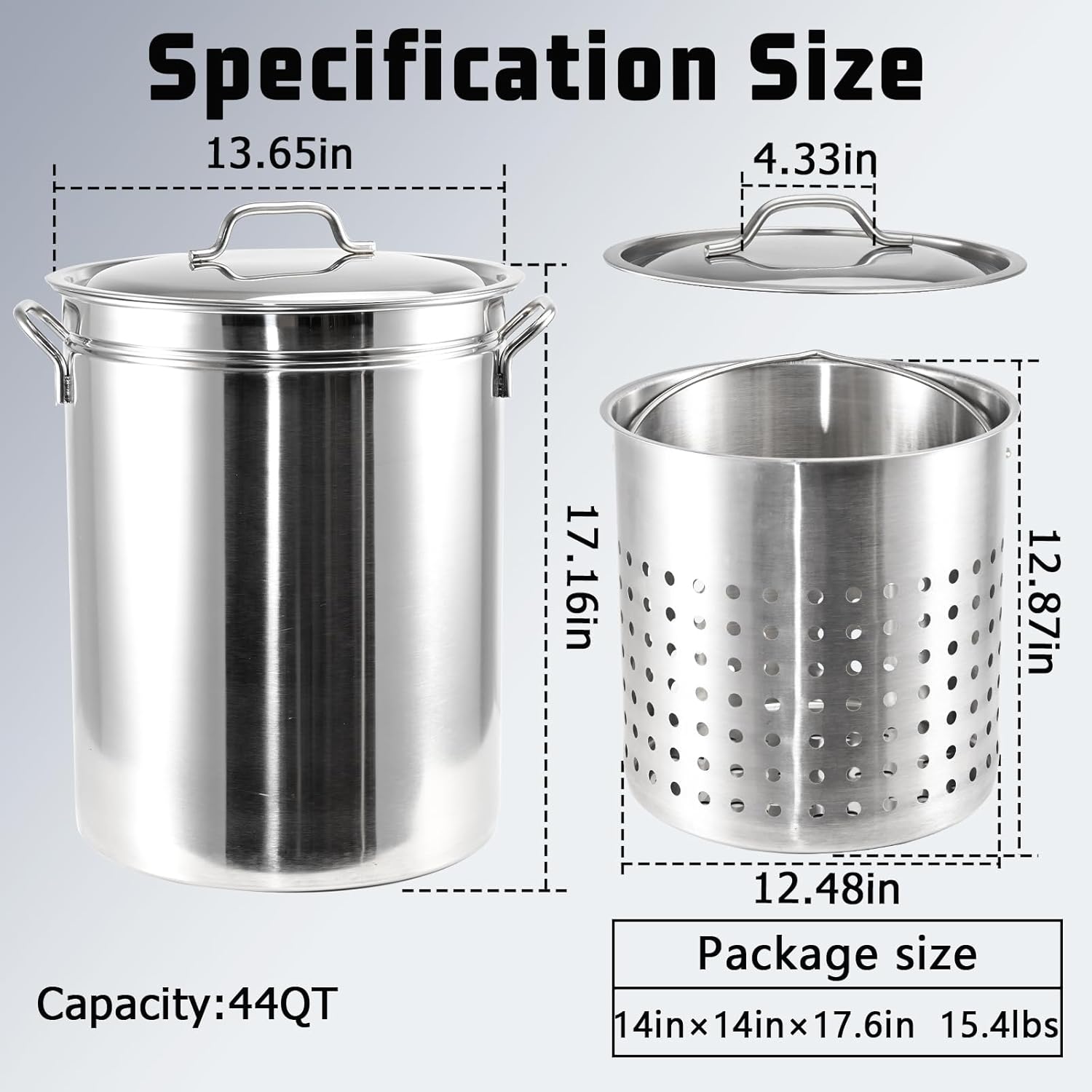 Stainless Steel Cookware Stock pot 44-Quart Outdoor Large Capacity Party Chicken Fish Steamed Seafood Clams Vegetables Multipurpose Stock Pot with Strainer Sturdy Smooth surface Easy to Clean