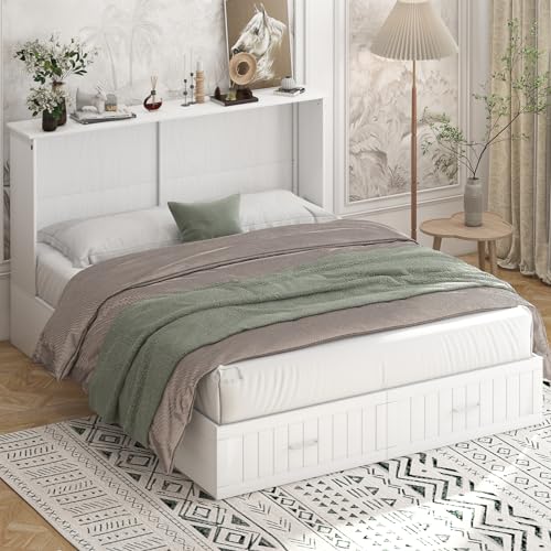 CECER Queen Size Murphy Cabinet Chest Bed, 2 in 1 Murphy Bed with Foldable Foam Mattress, Space-Saving Cube Murphy Bed with Charging Station and Large Storage Drawer,Cherry