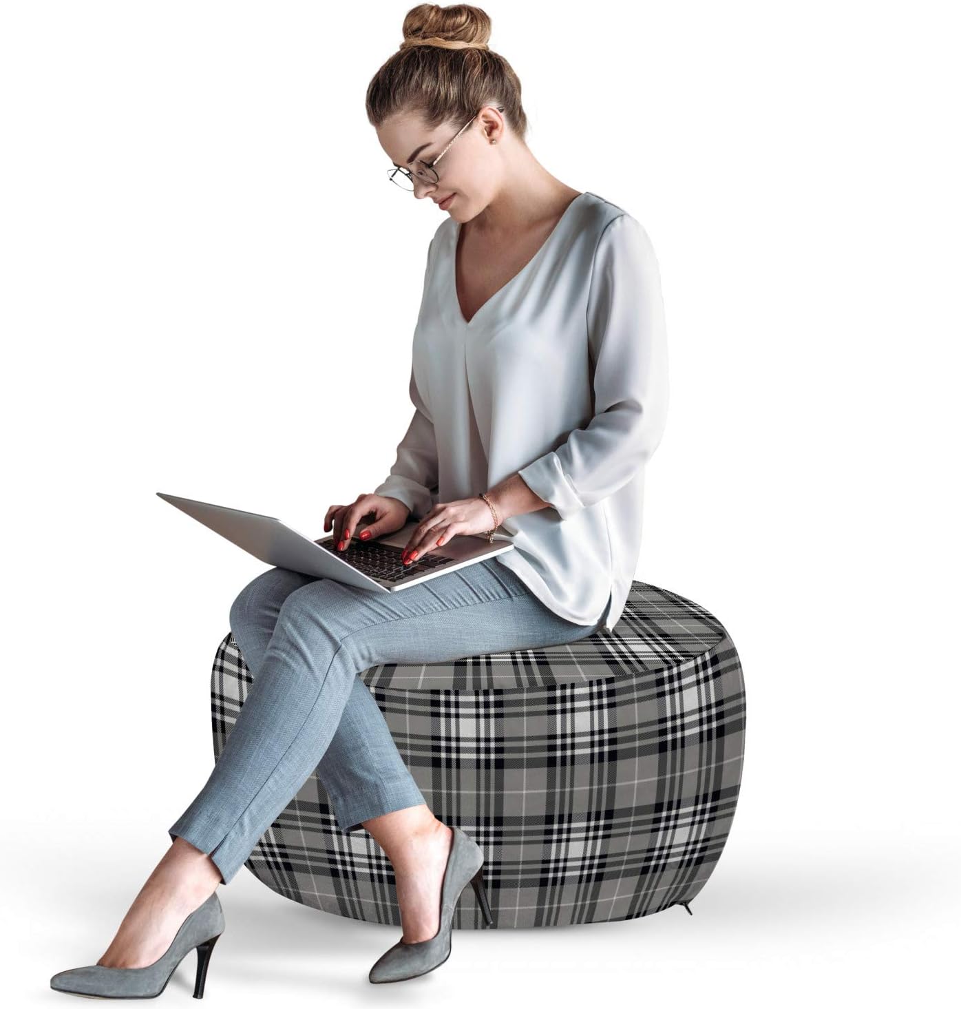 Ambesonne Checkered Pouf Cover with Zipper, Old Fashioned Plaid Tartan in Dark Colors Classic English Tile Symmetrical, Soft Decorative Fabric Unstuffed Case, 30