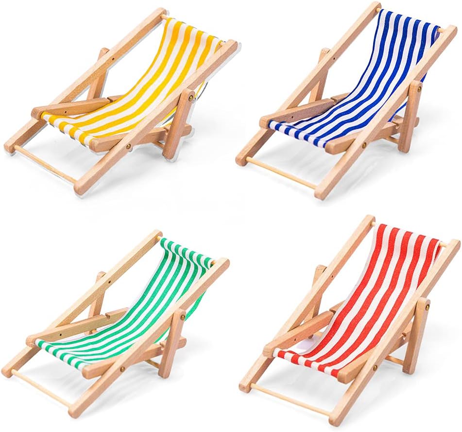 Dollhouse Miniature Furniture Accessories Foldable Wooden Beach Chair Mini Longue Deck Chair Doll House Ornament Kits for DIY Fairy Garden Dollhouse Decoration - Pack of 4
