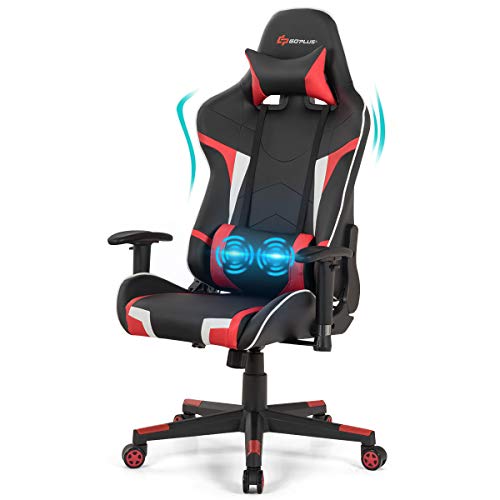 POWERSTONE Gaming Chair - Office Chair Computer Gaming Racing Chair with Lumbar Massager Support PU Leather Adjustable Arms Headrest High-Back Recliner Ergonomic Rolling Swivel Chair (White)