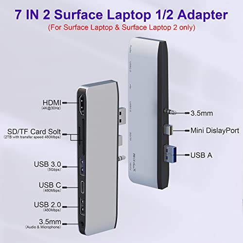 Surface Laptop 2 Docking Station, Microsoft Surface Laptop 2 USB Hub with 4K HDMI, USB 3.0, USB C, USB 2.0, SD Card Slot, TF Card Slot, 3.5 Audio Port, Only for Surface Laptop Gen 1 Gen 2