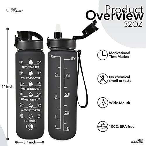 32 oz Water Bottles with Straw & Strap, Motivational Water Bottles with Times to Drink, BPA Free Reusable Sports Water Bottle with Sleeve Carrier for Hiking, Travel, Running or Fitness
