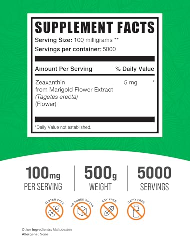 BulkSupplements.com Zeaxanthin Powder - Zeaxanthin Supplements, from Marigold Flower Extract - Gluten Free, 100mg (Zeaxanthin 5mg) per Serving, 500g (1.1 lbs) (Pack of 1)