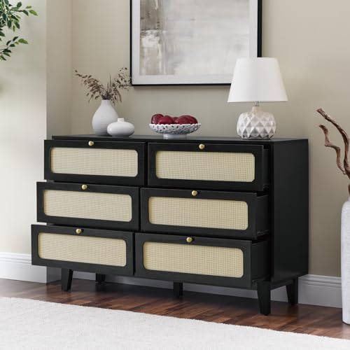 6 Drawers Dresser,Modern Cannage Rattan Wood Chest with 6 Drawers,Wood Storage Cabinet Sideboard for Bedroom, Living Room, Entryway, Hallway,Natural Walnut