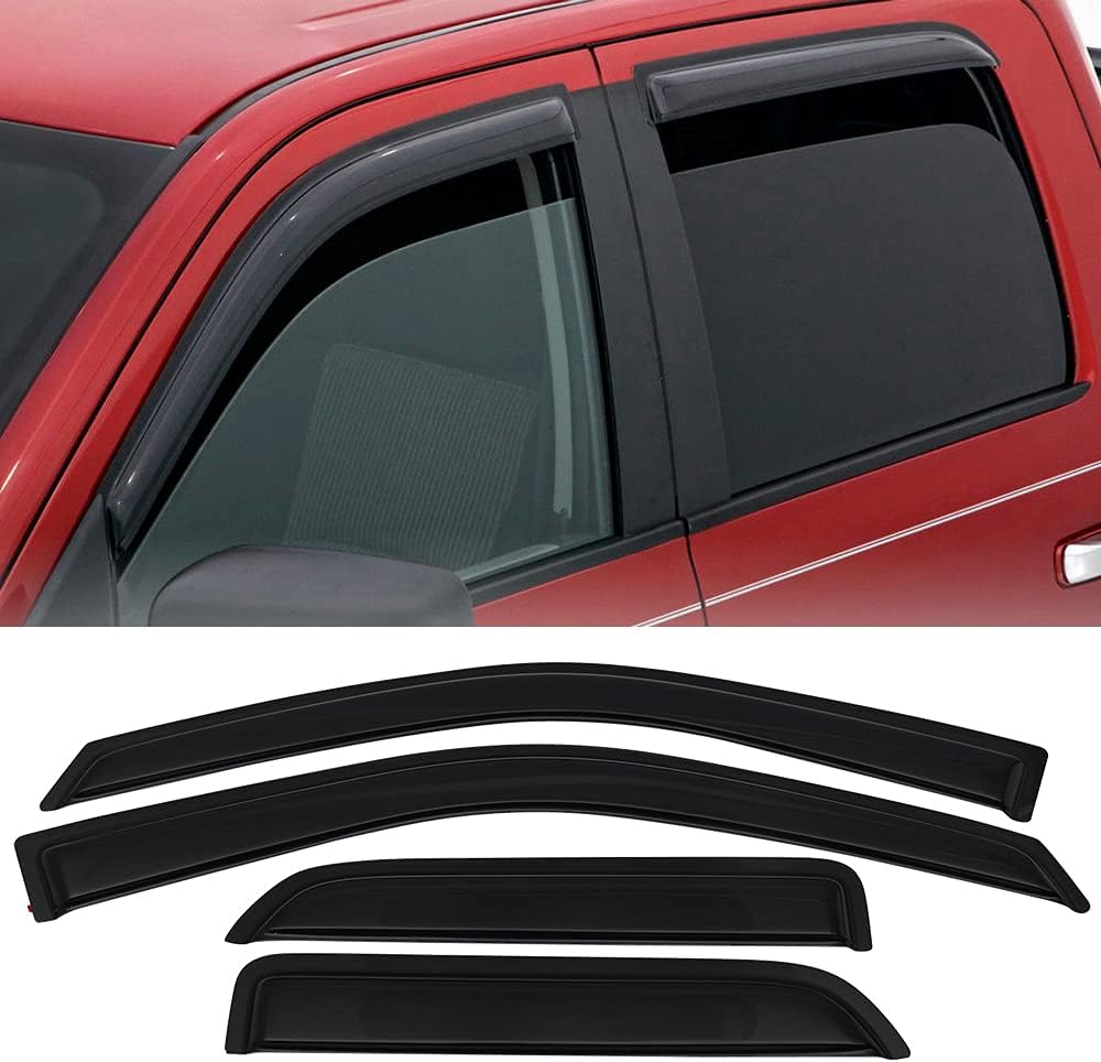 IKON MOTORSPORTS Tape On External Window Visor, Compatible with 2009-2018 Dodge Ram 1500 Quad Cab, 2019-2023 Ram 1500 Classic Quad Cab; Slim Style Acrylic Smoke Tinted 4PCS