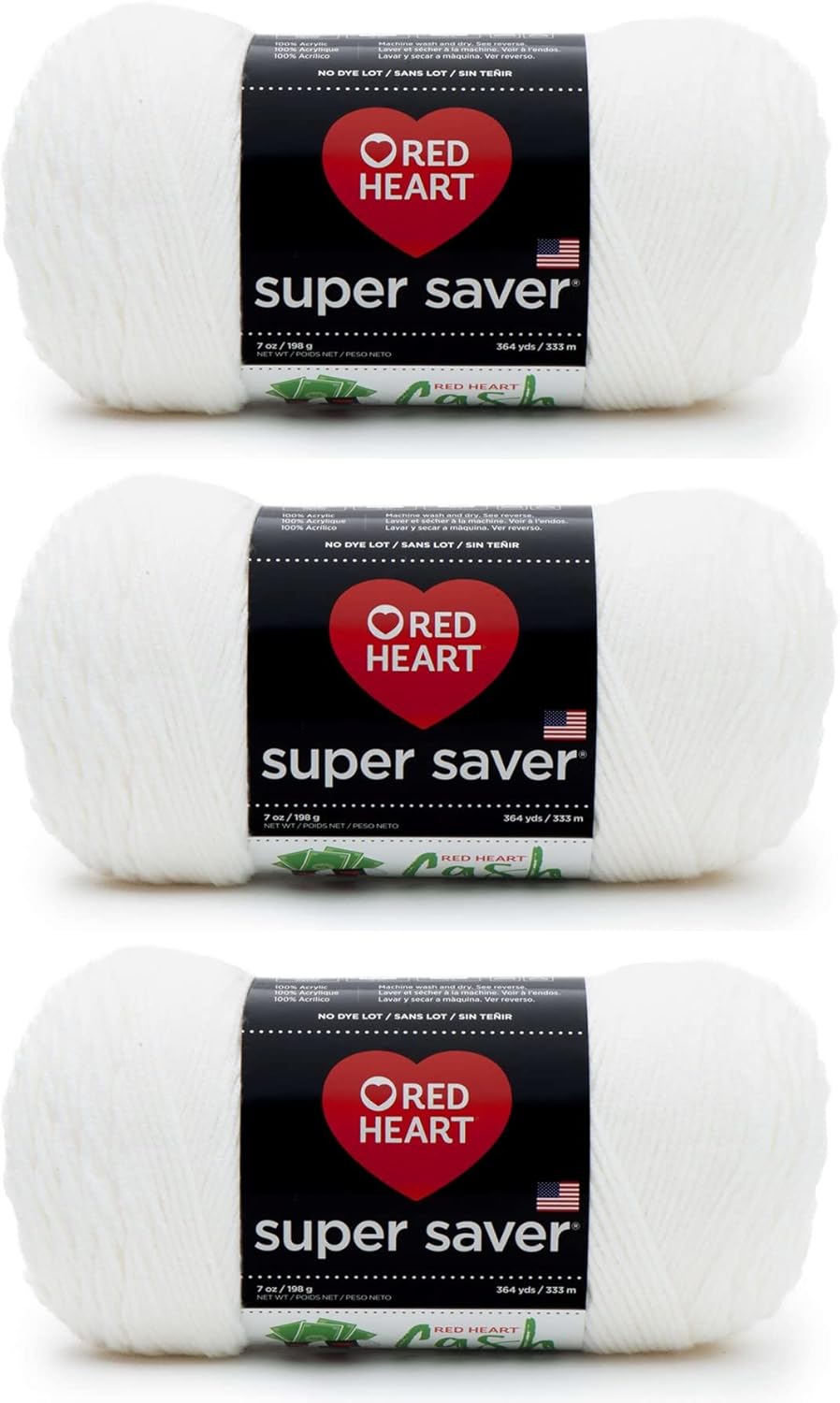Red Heart Super Saver White and Black Yarn Bundle (3 Pack Each) - Acrylic - 4 Medium (Worsted) - 364 Yards - Knitting/Crochet