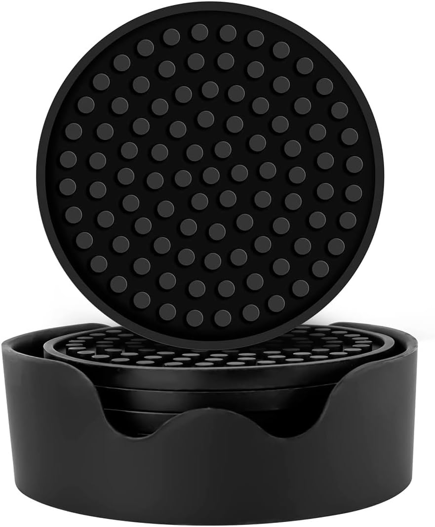 Coasters - [6 Pack] - Silicone Coasters for Drinks - Coasters with Holder, Non Slip and Non-Stick Coasters. Prevents Damage to Furniture and Tables, Suitable for Both Hot and Cold Drinks.