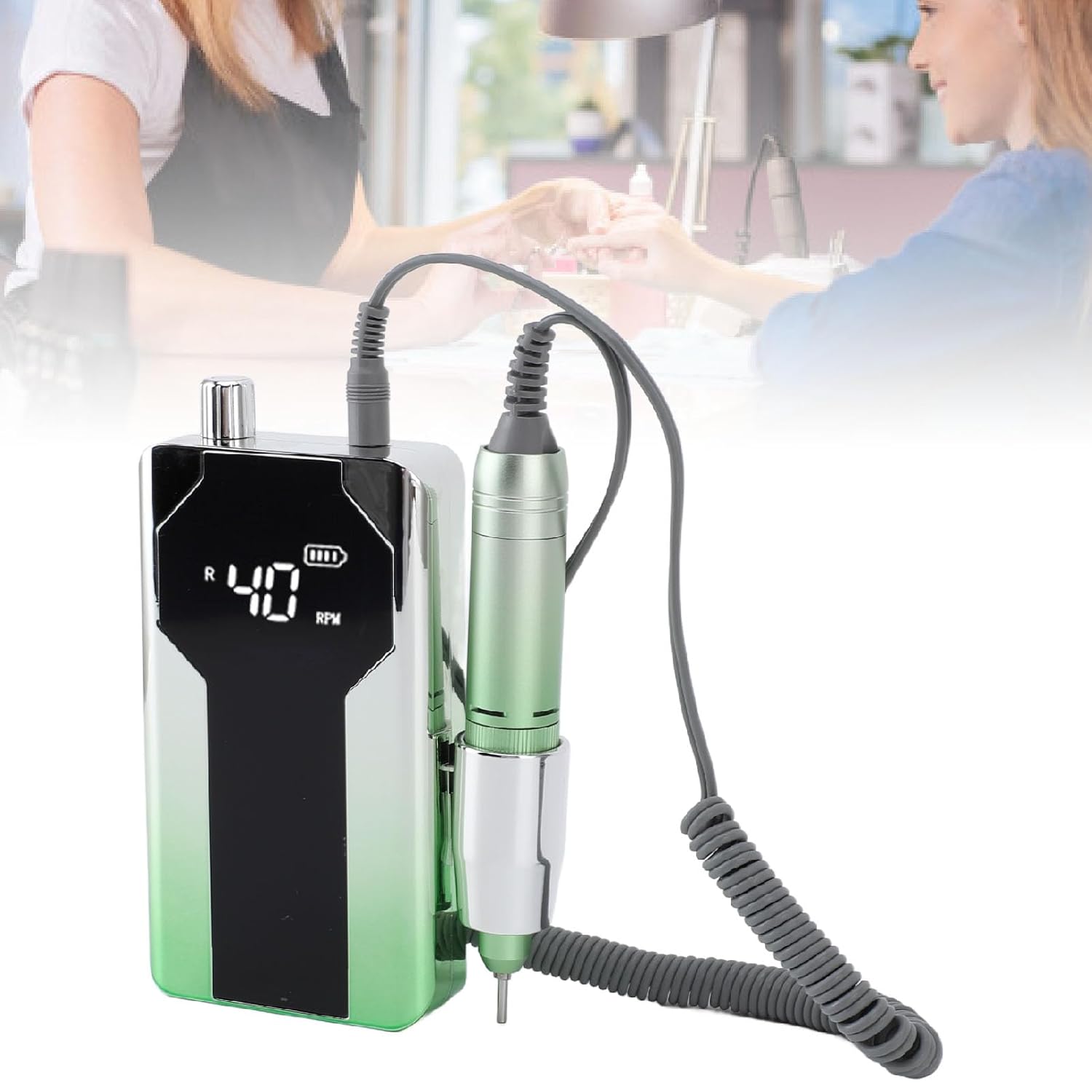 Portable Nail Drill Professional 40000RPM, Electric Nail File Rechargeable Forward Reverse Speed Adjustable Manicure Nail Drill with 6pcs Sanding Rings Heads