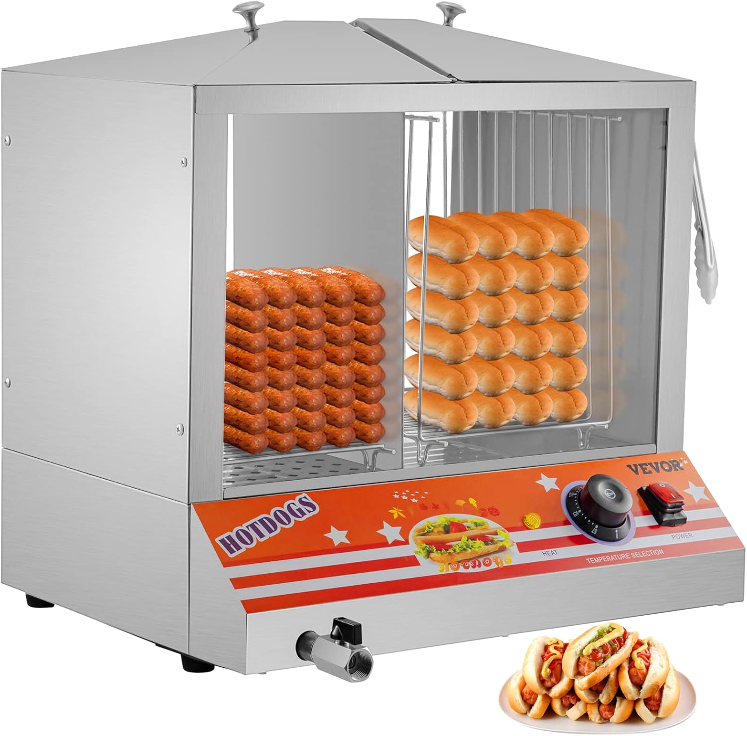 VEVOR Hot Dog Steamer, 36L/32.69Qt, Top Load Hut Steamer for 100 Hot Dogs & 48 Buns, Electric Bun Warmer Cooker with Acrylic Windows Partition Plate Shelves Food Clip PTFE Tape, Stainless Steel