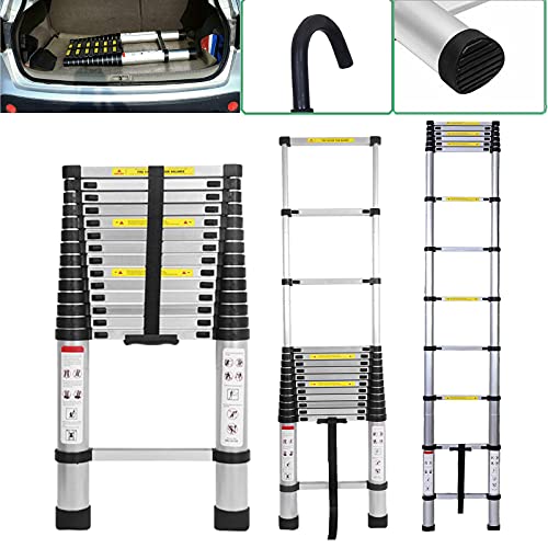 16.5ft Aluminum Telescoping Ladder Folding Telescopic Extension Ladder with 2 Roof Hooks EN131 Safe Standard Adjustable Height for Home Building Garden Attic Loft Decoration Painting 330lb Capacity