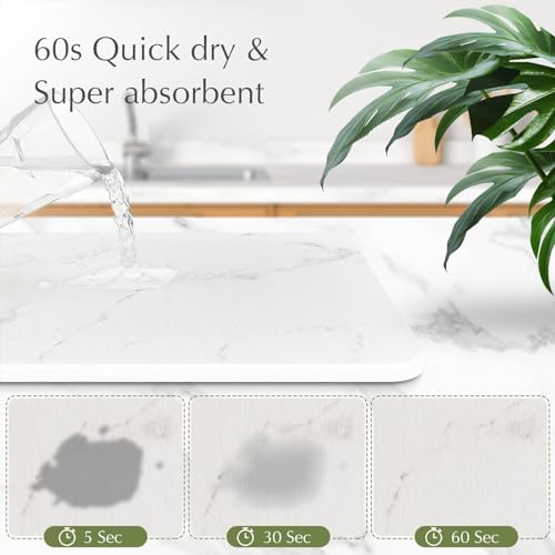 Stone Dish Drying Mat for Kitchen Counter - Ultra Absorbent Diatomaceous Earth Stone Mat, Quick Drying, Non-Slip, Heat Resistant, Eco-Friendly Dish Drying Stone(15.6x11.7 inch, White Marble)