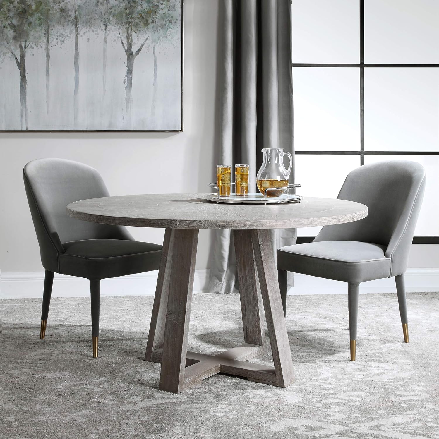 MY SWANKY HOME Luxe Gray Oak Elm Wood Dining Table Scandi Style 6 Seat Trestle Round 52 in