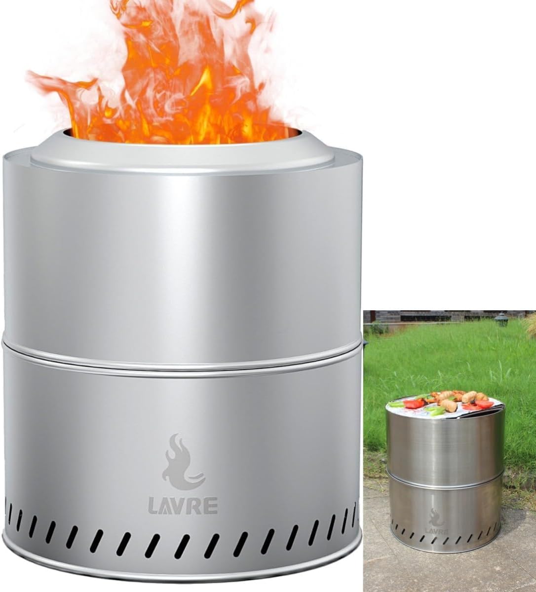 15.3 inch Stainless Steel Smokeless Fire Pit with Grill & Carry Bag, Outdoor Portable Smokeless Firepit, Wood Burning Fire Pits for Camping, Bonfire, Low Smoke Firepit for Outside