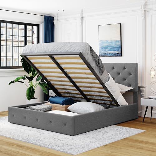 Full Size Upholstered Velvet Platform Bed w/a Hydraulic Storage System, Lift Up Bedframe, No Box Spring Needed for Bedroom, Rustic Decor Homes