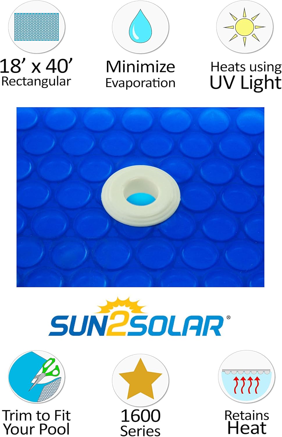 Sun2Solar Blue 18-Foot-by-40-Foot Rectangle Solar Cover Heat Retaining Blanket | 1600 Series with 6-Pack of Grommets Bundle | In-Ground and above-Ground Rectangular Swimming Pool | Bubble-Side Down