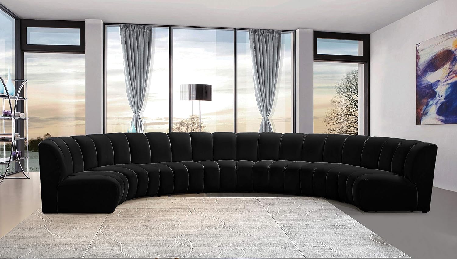 Meridian Furniture Infinity Collection Modern | Contemporary Modular Sectional with Luxurious Deep Channel Tufting, 7 Piece, Black