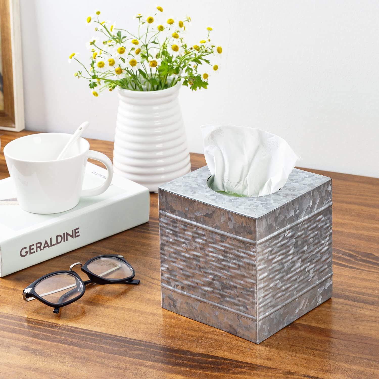 MyGift Rustic Handcrafted Galvanized Metal Tissue Box Cover Holder, Bathroom Square Facial Tissue Holder with Wave Embossed Pattern - Made in India