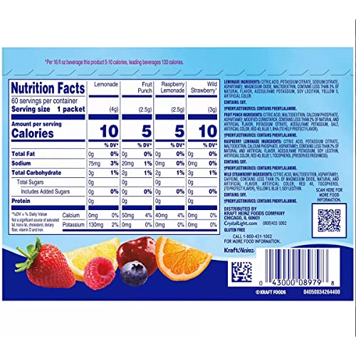 Crystal Light Sugar-Free, Lemonade, Fruit Punch, Raspberry Lemonade and Wild Strawberry On-The-Go Powdered Drink Singles Mix Variety Pack, 60 Count, Each Packet Dissolves into any 16.9 oz. container and comes with a Bonus Inspirational Magnet by D'El