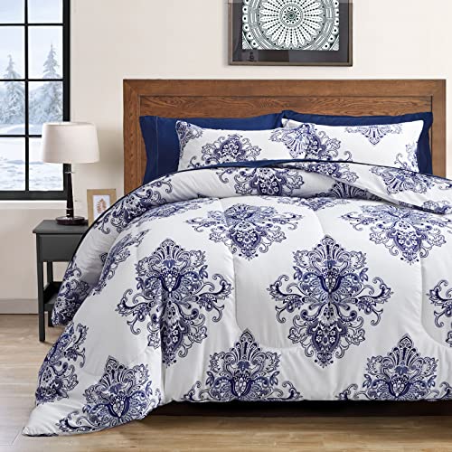 Flysheep Damask Bed in a Bag 6 Pieces Twin for Kids, Bohemian Blue Geometric on White, Microfiber Comforter Sheet Set (1 Comforter, 1 Flat Sheet, 1 Fitted Sheet, 2 Pillow Shams, 1 Pillowcase)