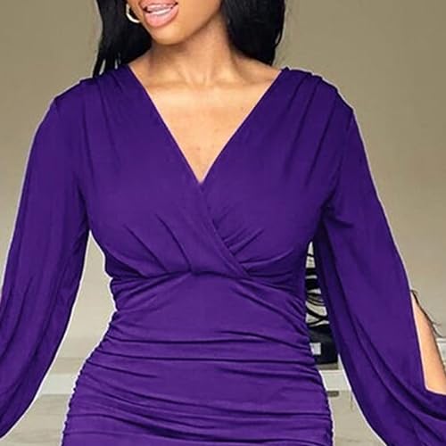 Women'S Sexy Ruched Bodycon Midi Dress Long Puff Sleeve V Neck Cocktail Party Wedding Dresses A-Line Mini Dress