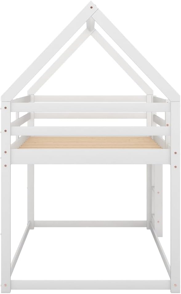Twin Over Twin Low Bunk Bed, House Bed with Ladder, White 1-Numbers of Package Pine Wood+MDF 14pcs 77.3