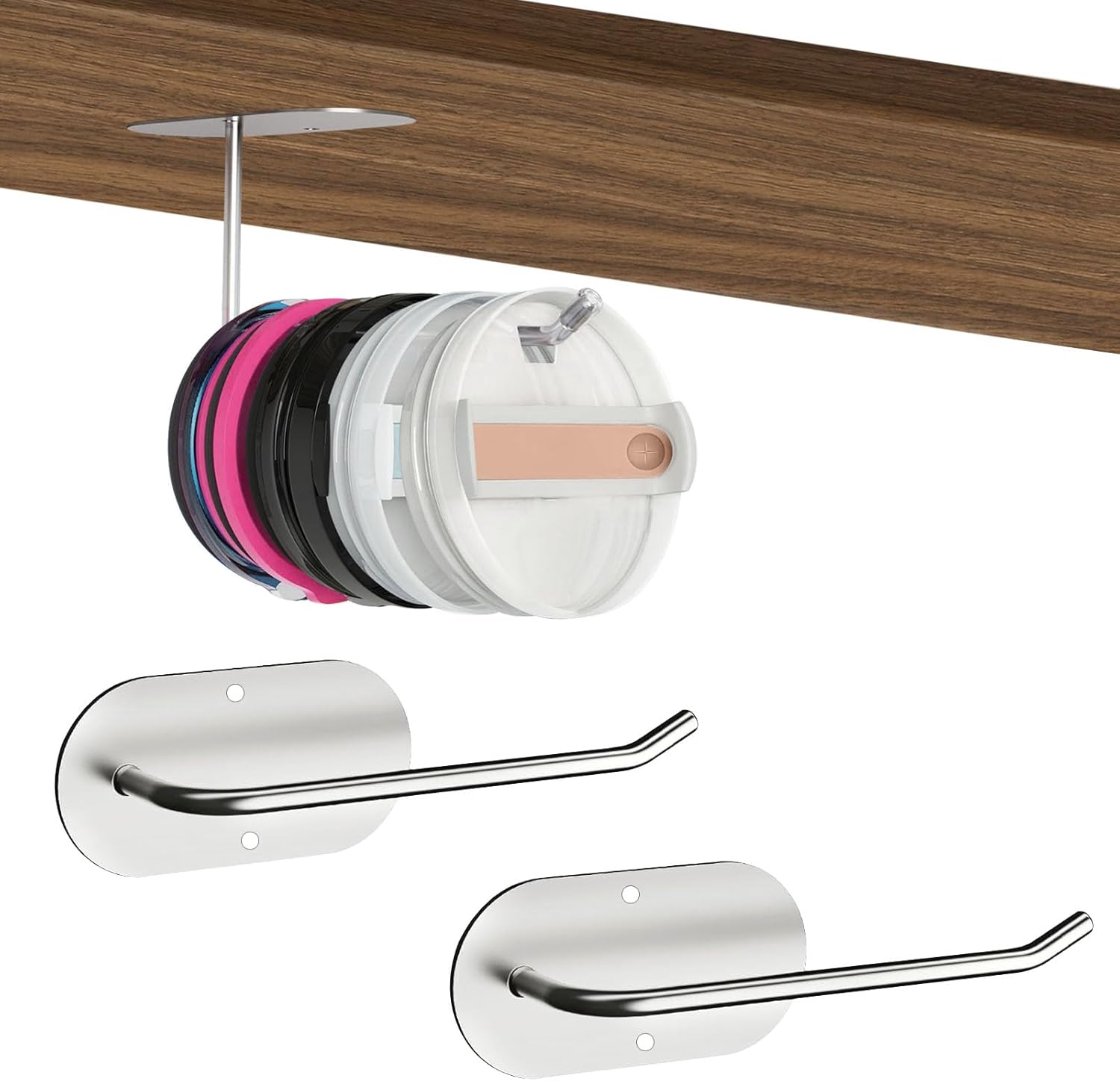 2 Pack Tumbler Lid Organizer, Cup Lid Organizers Inside Cabinet for Yeti Tumbler/Stanley Tumbler Lids, Space Saving Cup Lid Holder and Hook for Kitchen Storage, Silver