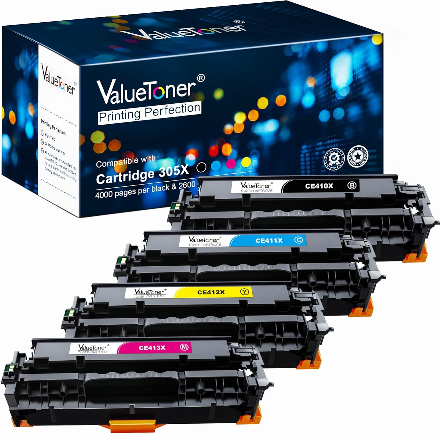 Valuetoner Remanufactured Toner Cartridge Replacement for HP 305A 305X CE410A CE410X CE411A CE412A CE413A for Laserjet Pro 400 M451dn M451nw M475dn M475dw M451dw M375nw (Black, Cyan, Magenta, Yellow)
