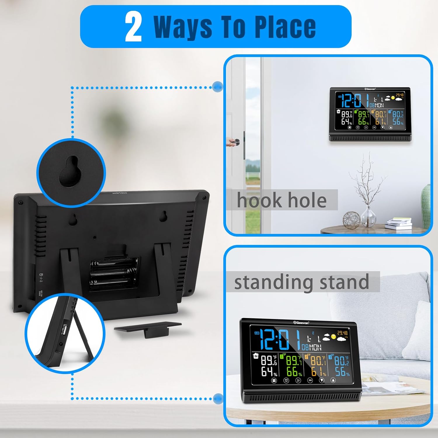 Geevon Indoor Outdoor Thermometer Weather Station with 3 Remote Sensors, Digital Hygrometer Indoor Thermometer, Temperature Humidity Monitor Gauge（Black+Wooden）