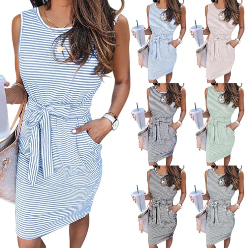Women Summer Dress Sleeveless Crewneck Tshirt Dress Belted Waist Striped Mini Dress Travel Vacation Dress with Pocket