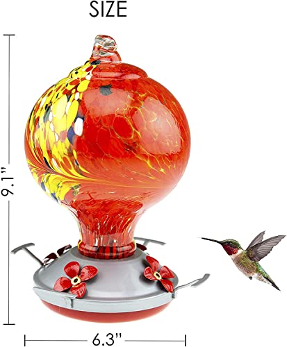 Hummingbird Feeder with Perch | Hand Blown Globe Glass in Green | 29 Fluid Ounces Humming Bird Nectar Capacity with Hanging Metal Wires and Ant Moat Hook