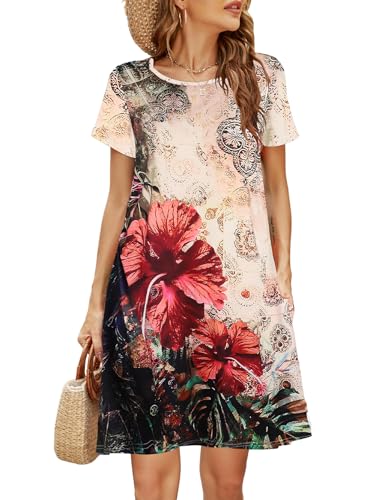 Halife Womens Summer Casual Tshirt Dress Loose Lace Hem Short Sleeve Beach Sundresses with Pockets