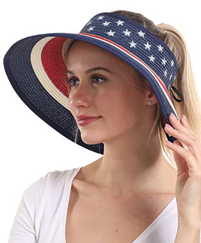 Women Sun Visors Foldable Straw Hats Summer Beach Packable Hat Floppy Wide Brim Cap Deep Style, Adjustable Size
